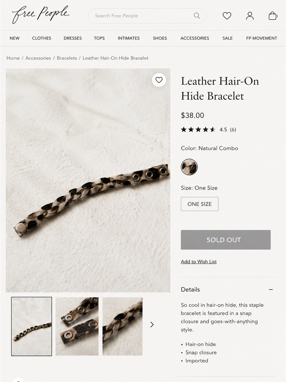 Free People Natural Combo Hair-On Hide Braided Leather Bracelet